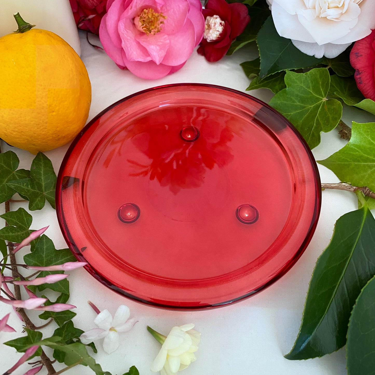 Round Red Glass Plate Candle Holder