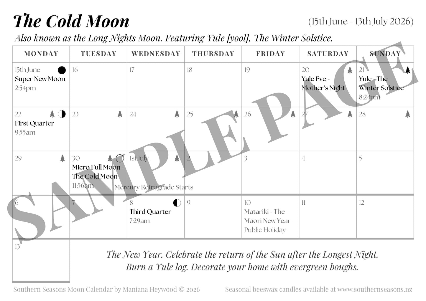 Southern Seasons Moon Calendar - Winter Solstice Edition (June 2026 - July 2027) PRE-ORDER a Physical Copy